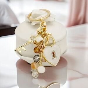 Gold & White Heart Charm Keychain NWT Purse Bag Charm with Beads & Crystal